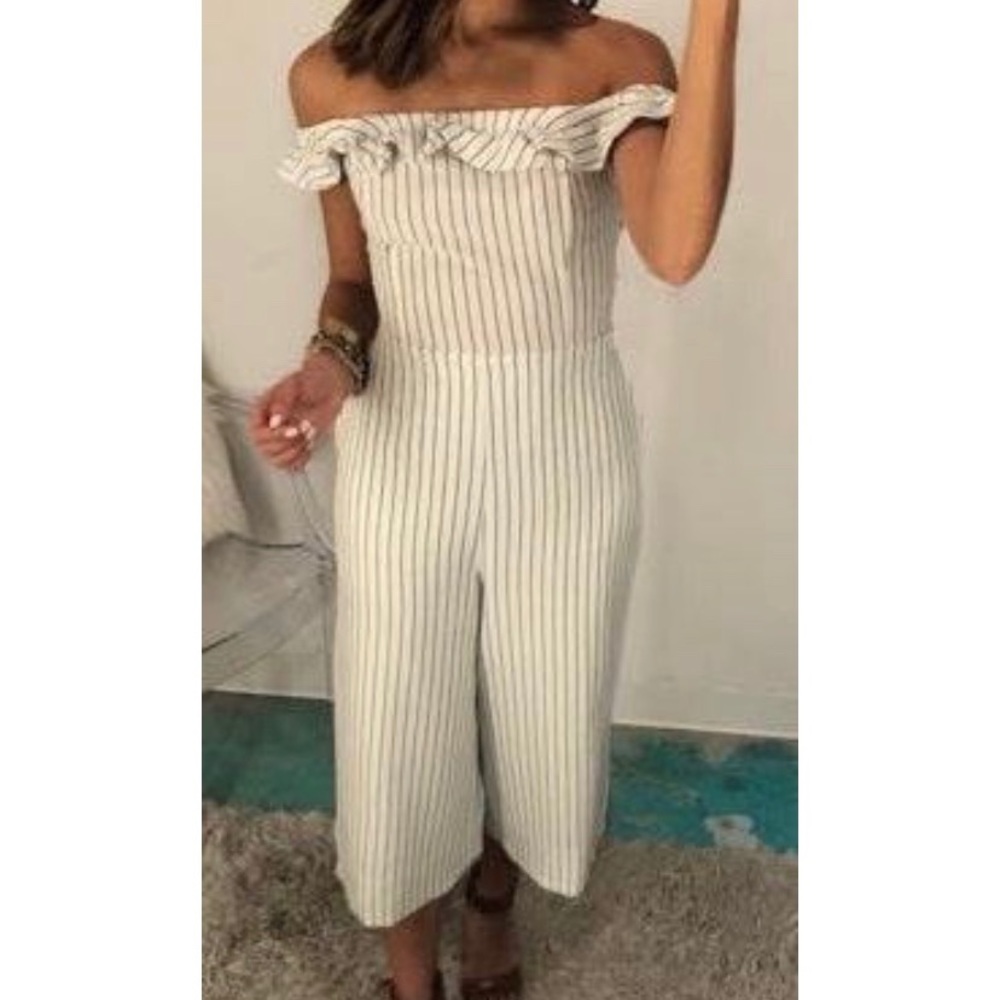Blue and white striped jumpsuit